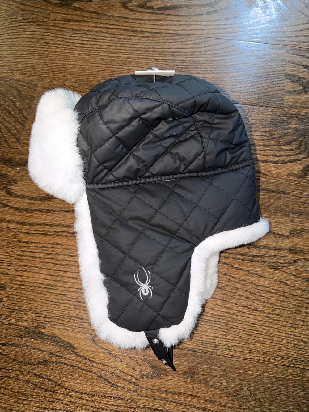 Womens Spyder Black Quilted Trapper Hat with White Faux Fur Trim - NWT